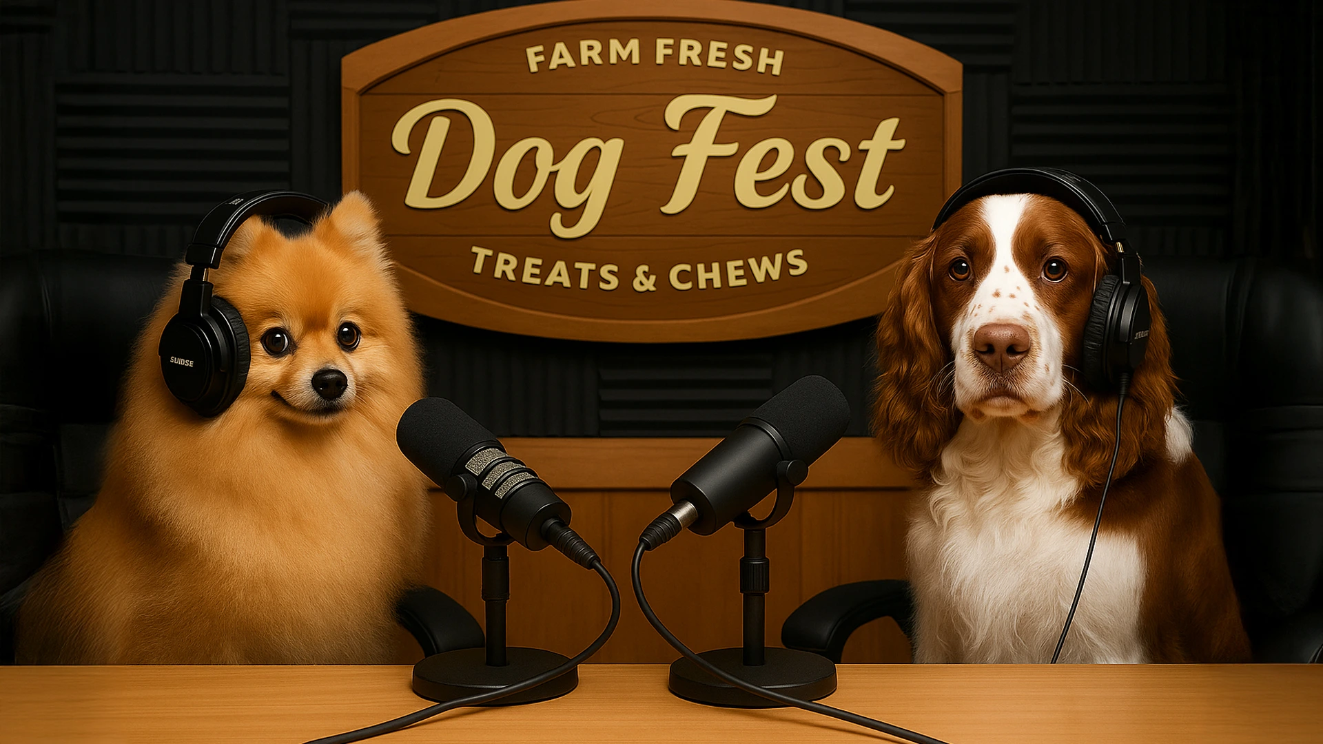 Dogcast de Dogfest: perros con audífonos frente a micrófonos